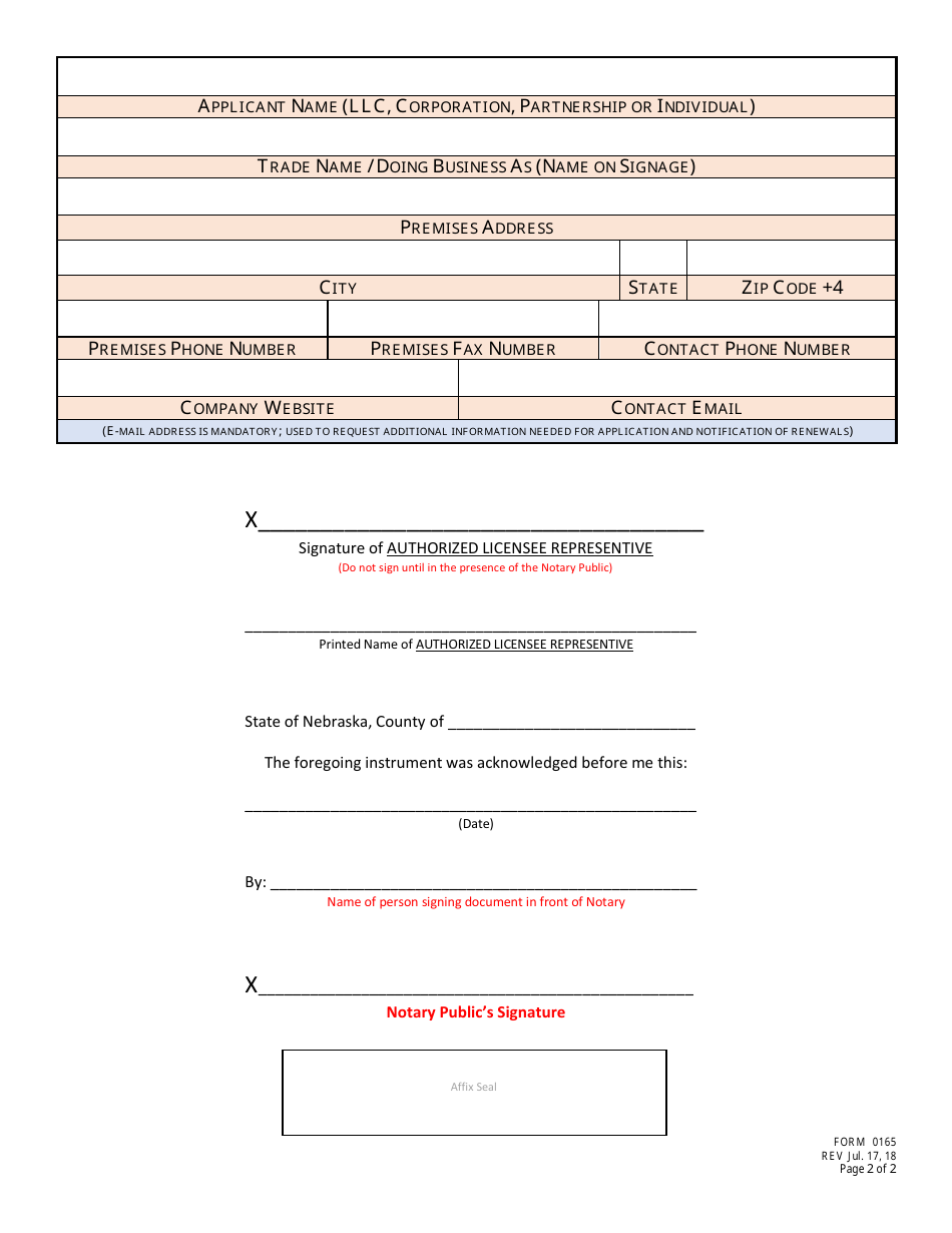 Form 0165 Application for Growler (Class G) Endorsement to Class C License - Nebraska, Page 2
