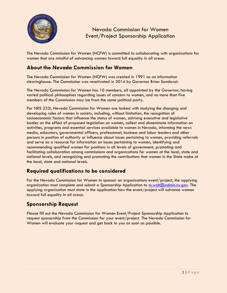 Nevada Commission for Women Event / Project Sponsorship Application Form - Nevada, Page 1