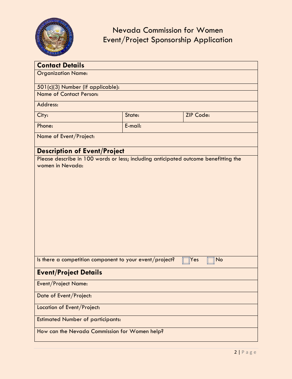 Nevada Commission for Women Event / Project Sponsorship Application Form - Nevada, Page 2