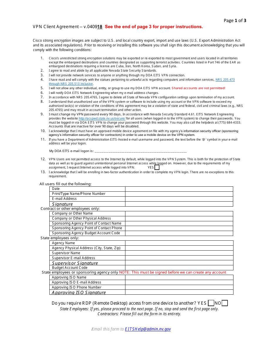 Vpn Client Agreement Form - Enterprise Information Technology Services (Eits) - Nevada, Page 1