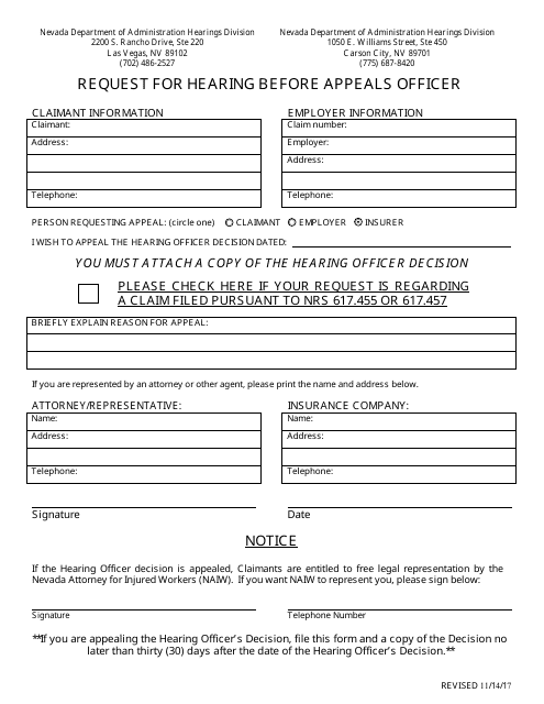 Request for Hearing Before Appeals Officer - Nevada Download Pdf