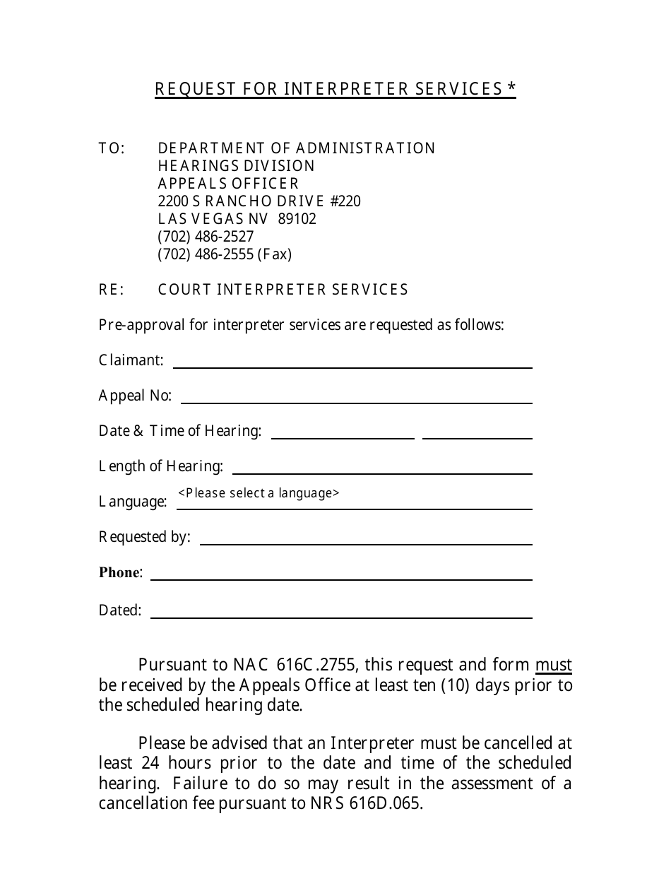 Request for Interpreter Services - Nevada, Page 1
