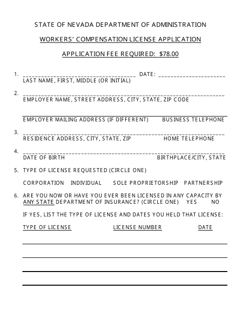 Workers' Compensation License Application Form - Nevada Download Pdf