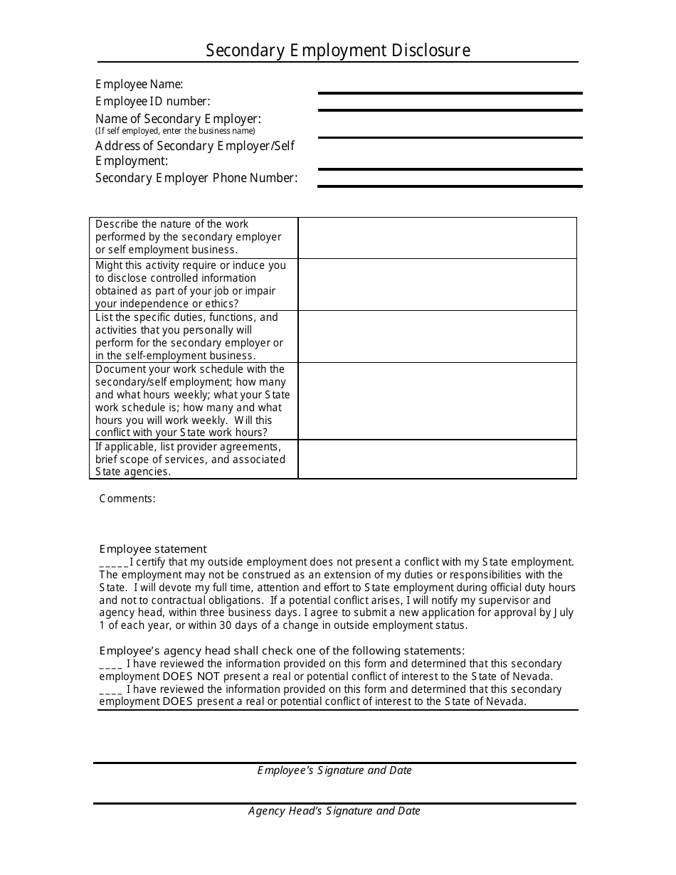 Secondary Employment Disclosure Form - Nevada, Page 1
