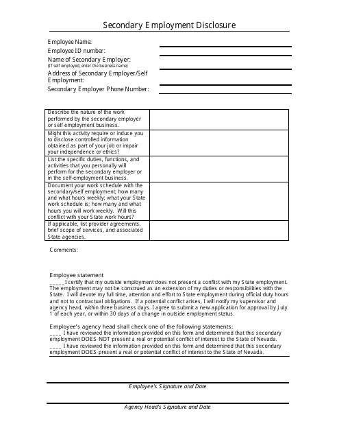 Secondary Employment Disclosure Form - Nevada Download Pdf