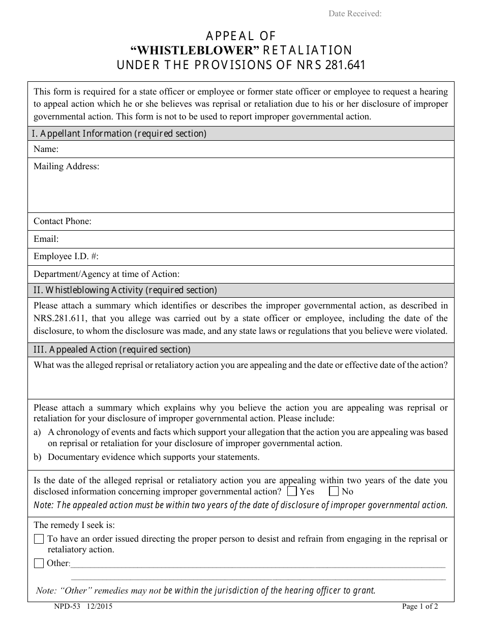 Form NPD-53 Appeal of whistleblower Retaliation Under the Provisions of Nrs 281.641 - Nevada, Page 1
