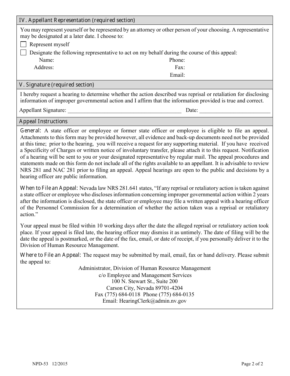 Form NPD-53 Appeal of whistleblower Retaliation Under the Provisions of Nrs 281.641 - Nevada, Page 2