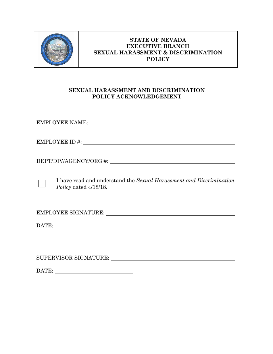 Sexual Harassment and Discrimination Policy Acknowledgement Form - Nevada, Page 1