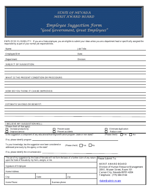 "Employee Suggestion Form - '"good Government, Great Employees'" - Merit Award Board" - Nevada Download Pdf