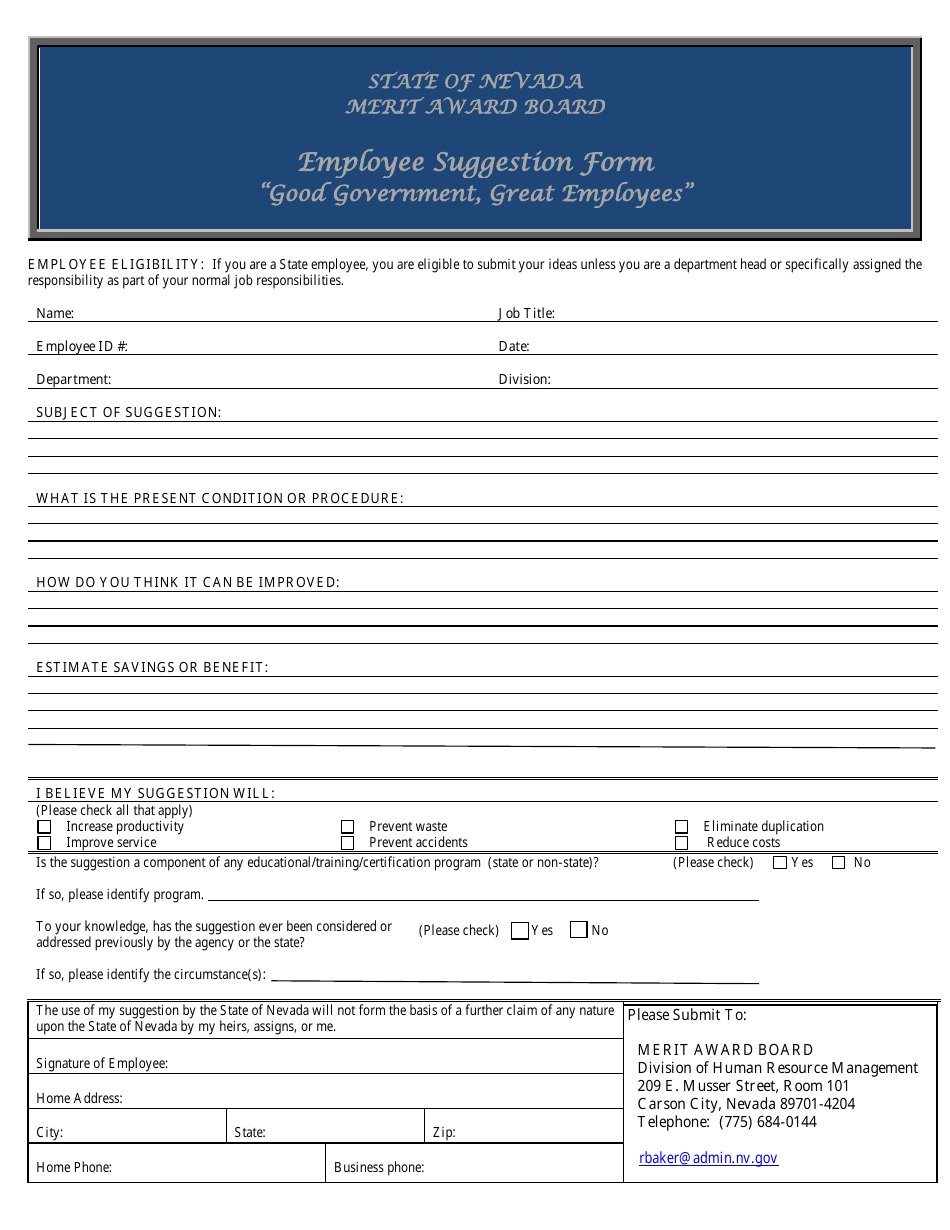 Nevada Employee Suggestion Form - 