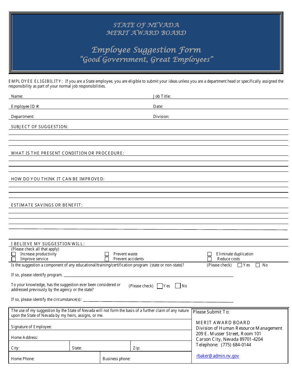 Employee Suggestion Form - good Government, Great Employees - Merit Award Board - Nevada, Page 1