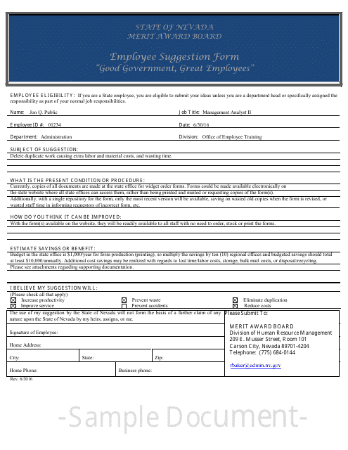 Sample Merit Award Suggestion Form - Nevada Download Pdf