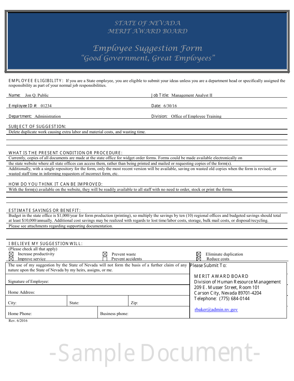 Sample Merit Award Suggestion Form - Nevada, Page 1