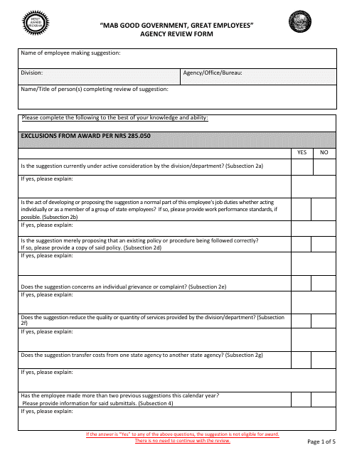 "mab Good Government, Great Employees" Agency Review Form - Nevada Download Pdf
