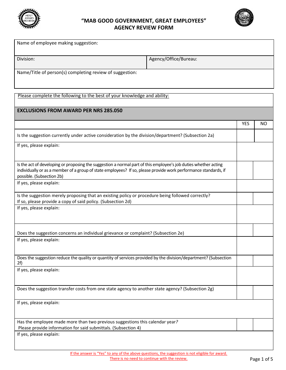 mab Good Government, Great Employees Agency Review Form - Nevada, Page 1