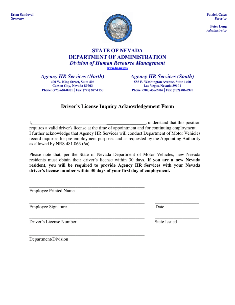 Nevada Driver S License Inquiry Acknowledgement Form Download Printable Pdf Templateroller