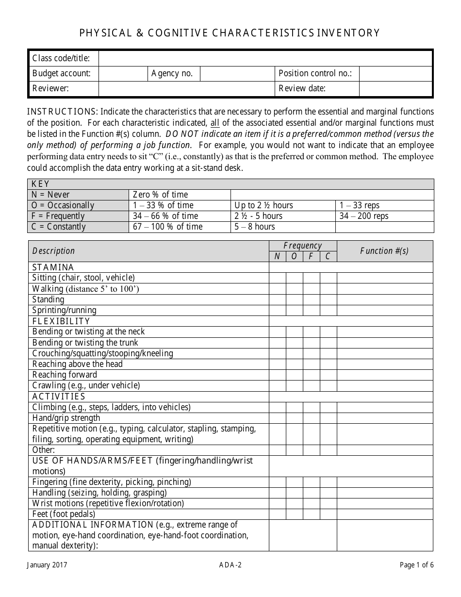 Form ADA-2 Physical  Cognitive Characteristics Inventory - Nevada, Page 1