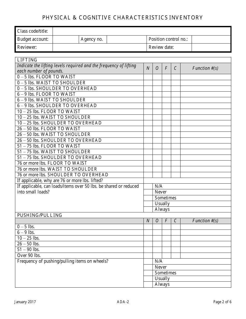 Form ADA-2 Physical  Cognitive Characteristics Inventory - Nevada, Page 2