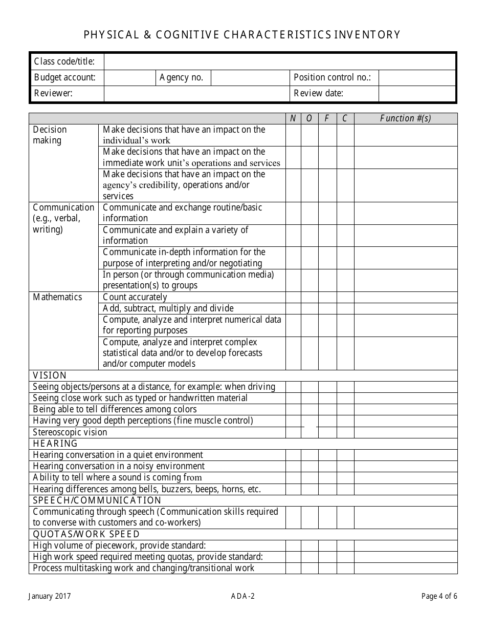 Form ADA-2 Physical  Cognitive Characteristics Inventory - Nevada, Page 4