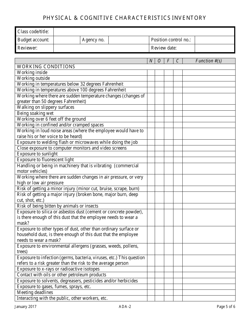Form ADA-2 Physical  Cognitive Characteristics Inventory - Nevada, Page 5