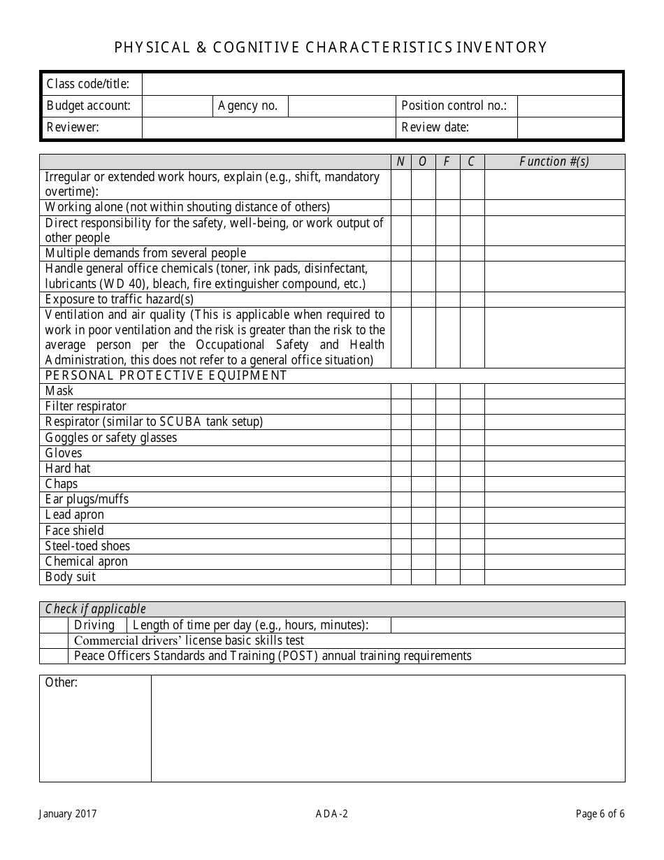 Form ADA-2 Physical  Cognitive Characteristics Inventory - Nevada, Page 6