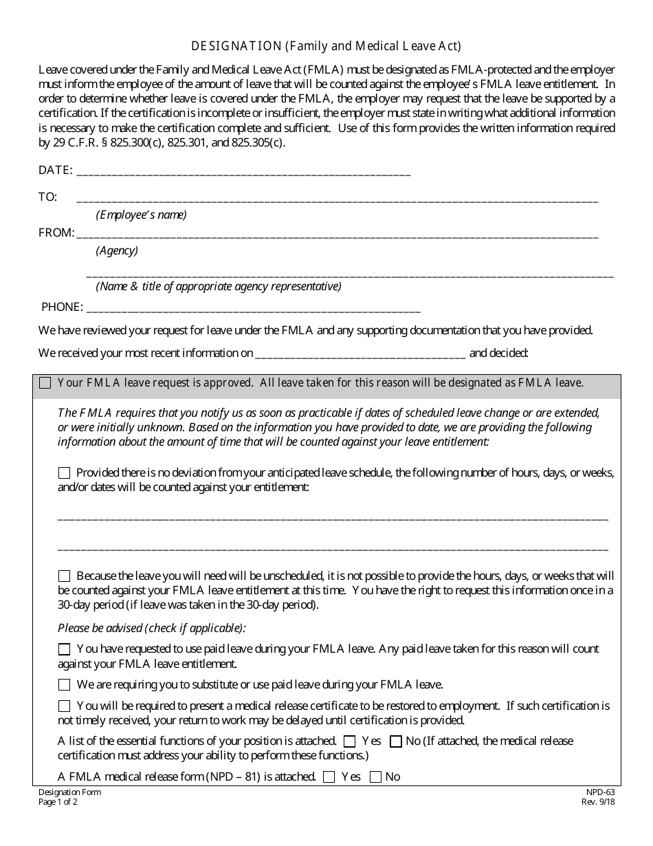 Form NPD-63 Designation (Family and Medical Leave Act) - Nevada, Page 1