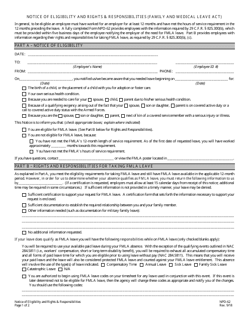 Form NPD-62 Notice of Eligibility and Rights & Responsibilities (Family and Medical Leave Act) - Nevada