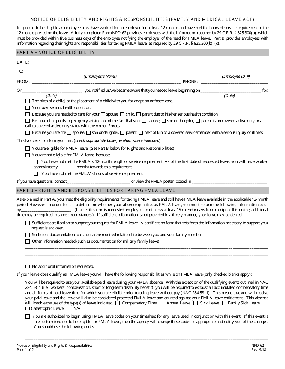 Form NPD-62 Notice of Eligibility and Rights  Responsibilities (Family and Medical Leave Act) - Nevada, Page 1