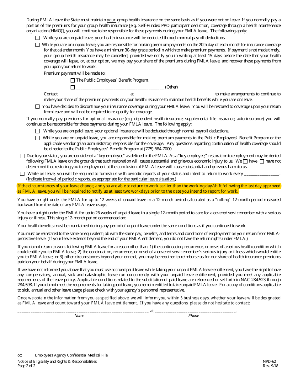 Form NPD-62 Notice of Eligibility and Rights  Responsibilities (Family and Medical Leave Act) - Nevada, Page 2