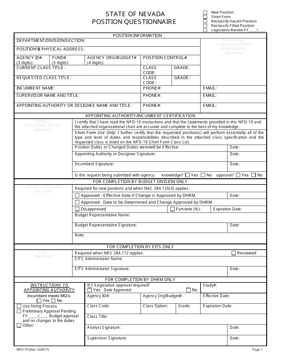 Form NPD-19 Position Questionnaire - Nevada, Page 3