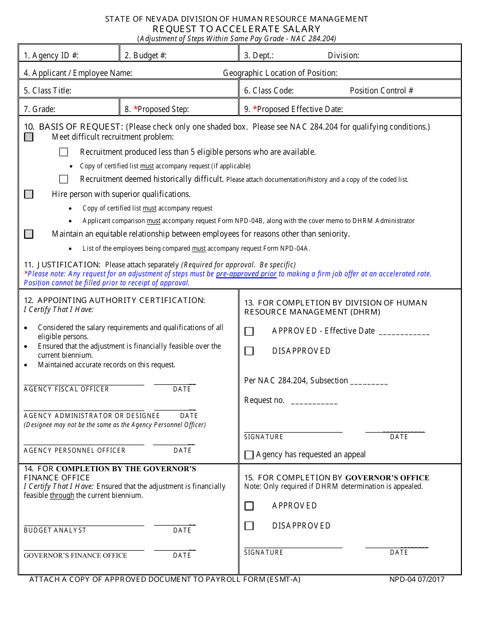 Form NPD-04 Request to Accelerate Salary - Nevada, Page 1