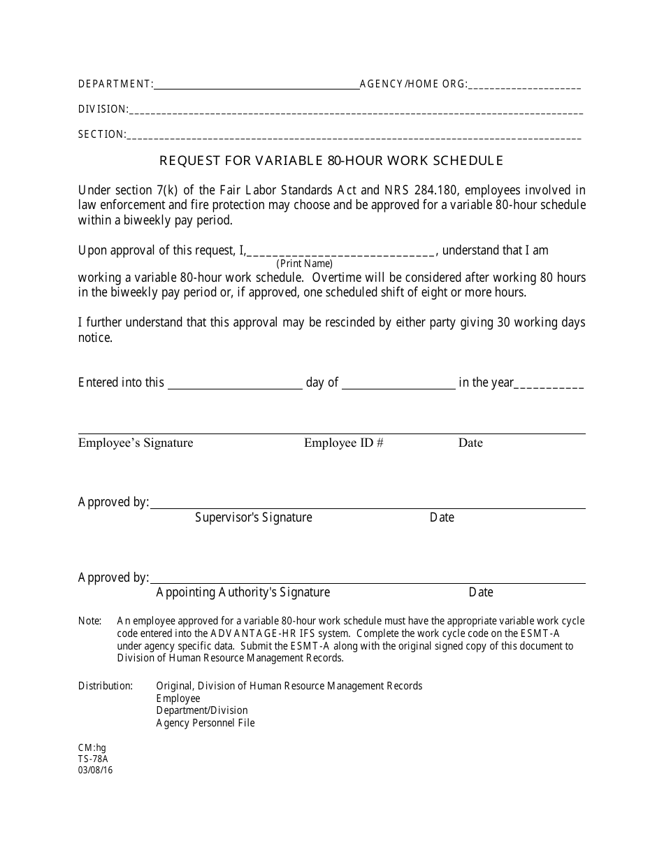 Form TS-78A Request for Variable 80-hour Work Schedule - Nevada, Page 1