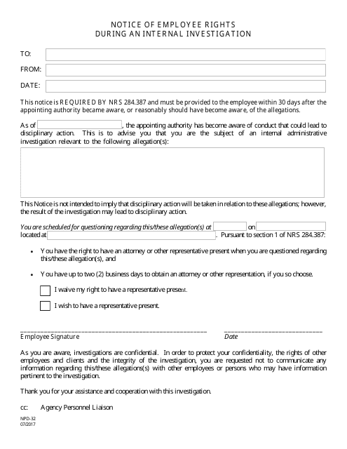 Form NPD-32 Notice of Employee Rights During an Internal Investigation - Nevada