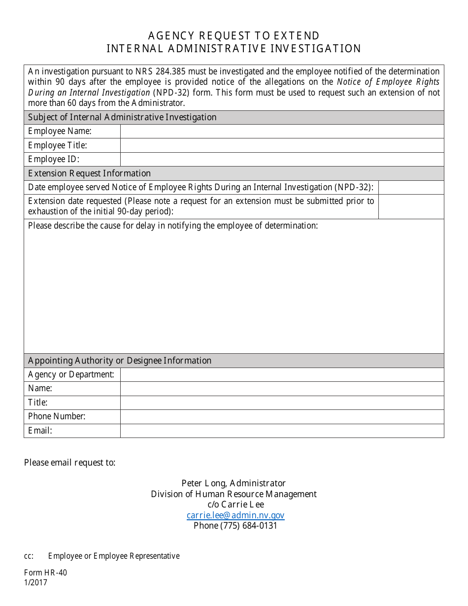 Form HR-40 Agency Request to Extend Internal Administrative Investigation - Nevada, Page 1