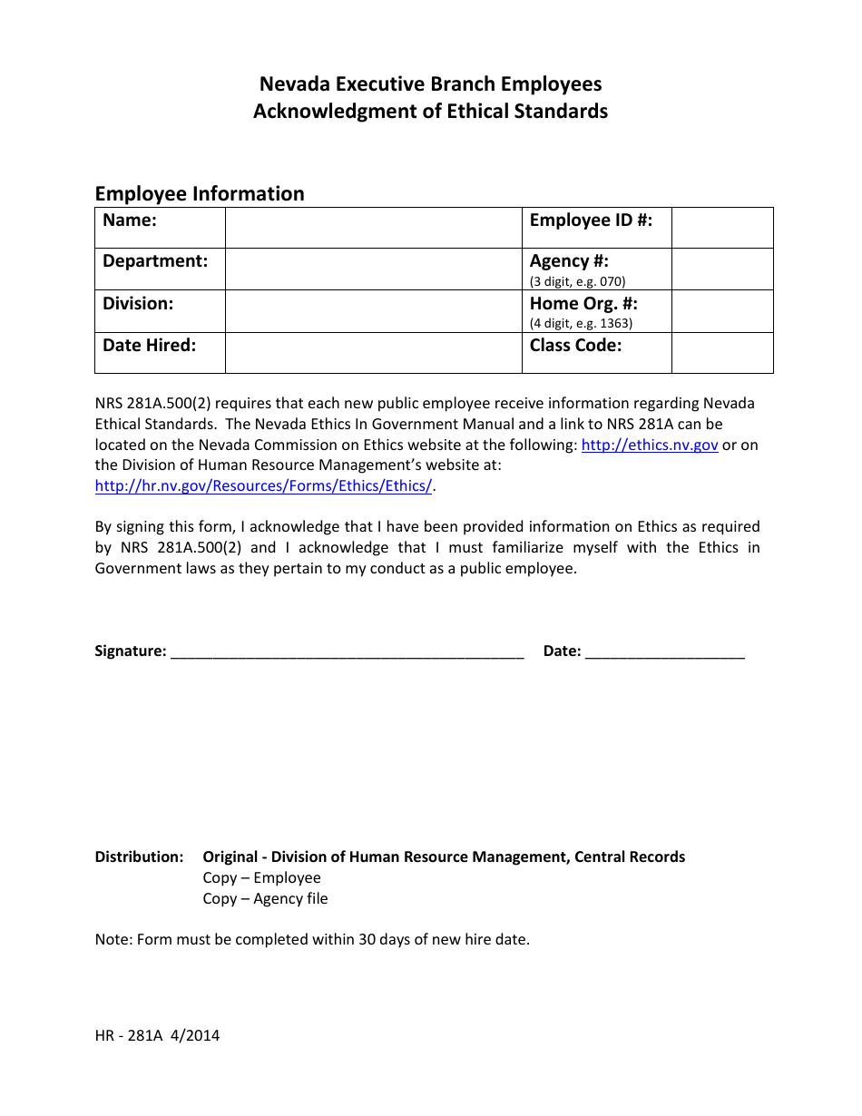 Form HR-281A Acknowledgment of Ethical Standards - Nevada Executive Branch Employees - Nevada, Page 1