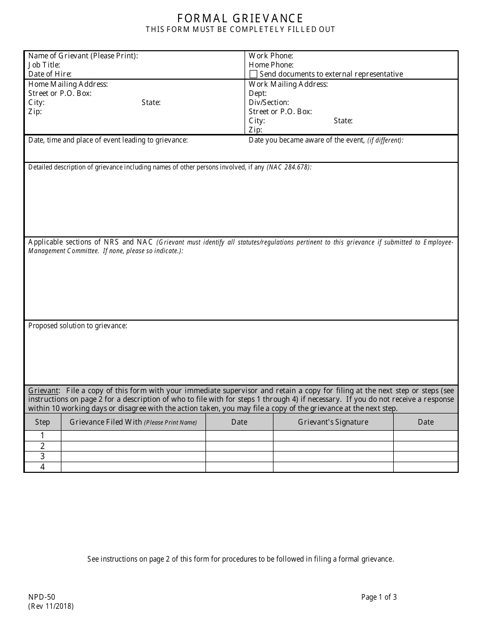Form NPD-50 Formal Grievance - Nevada, Page 1
