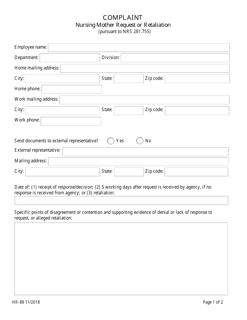 Form HR-88 Nursing Mother Request or Retaliation Complaints Pursuant to Nrs 281.755 - Nevada, Page 1