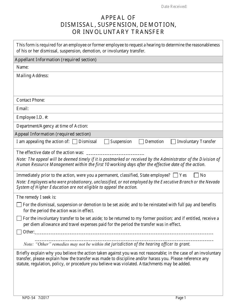 Form NPD-54 Appeal of Dismissal, Suspension, Demotion, or Involuntary Transfer - Nevada, Page 1
