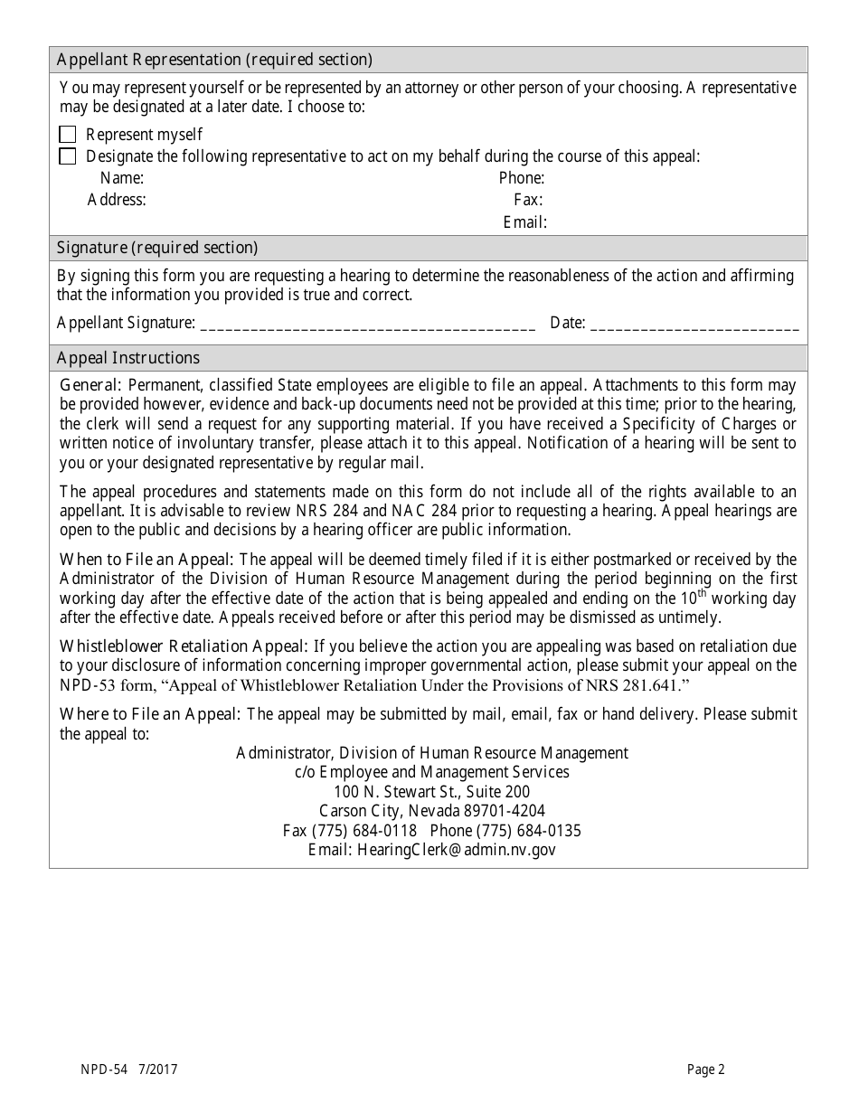 Form NPD-54 Appeal of Dismissal, Suspension, Demotion, or Involuntary Transfer - Nevada, Page 2