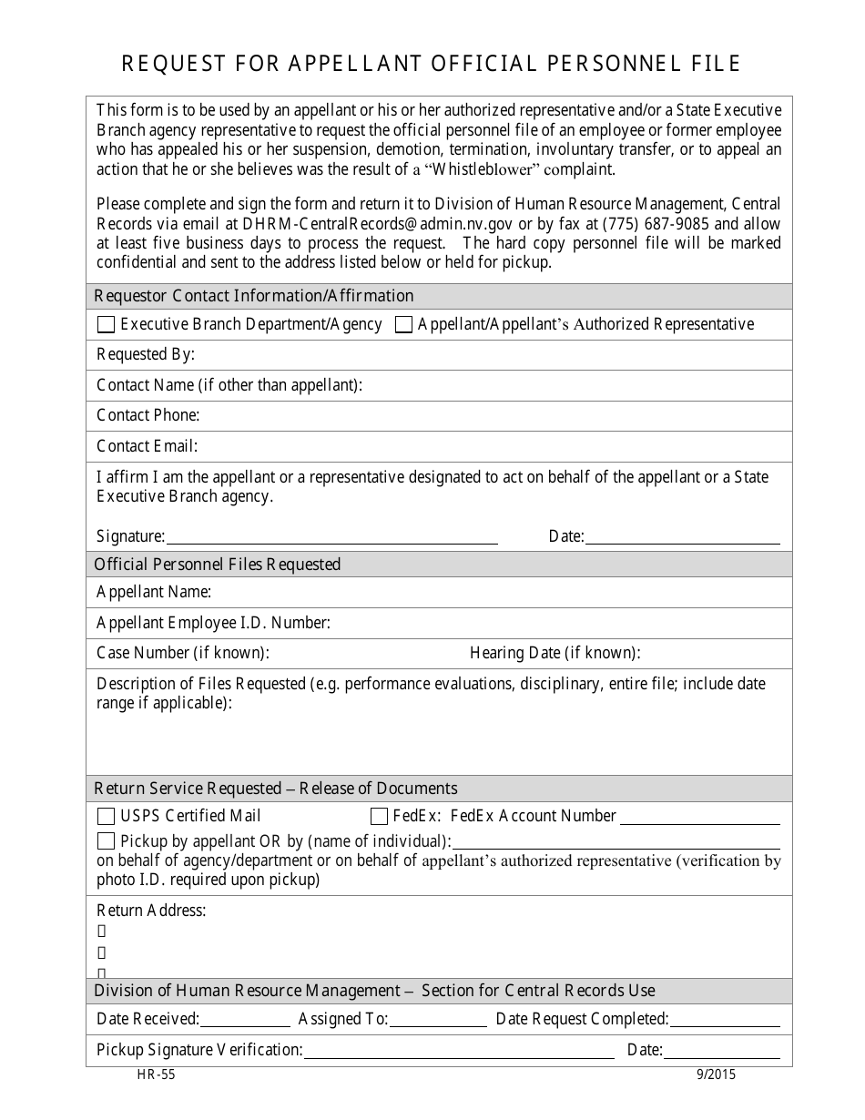 Form HR-55 Request for Appellant Official Personnel File - Nevada, Page 1