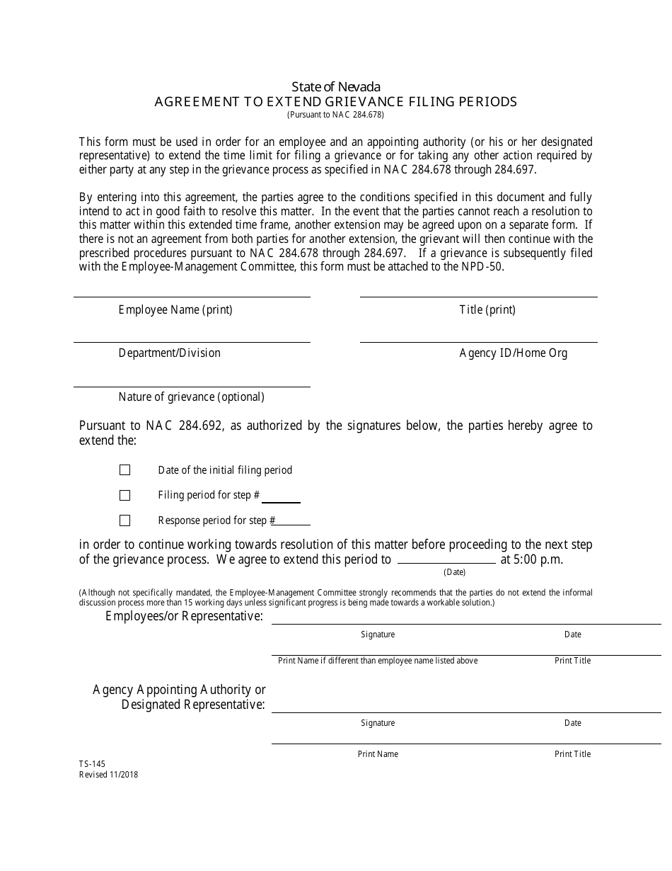 Form TS-145 Agreement to Extend Grievance Filing Periods - Nevada, Page 1
