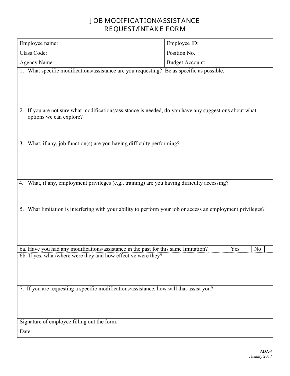 Form ADA-4 Job Modification / Assistance Request / Intake Form - Nevada, Page 1