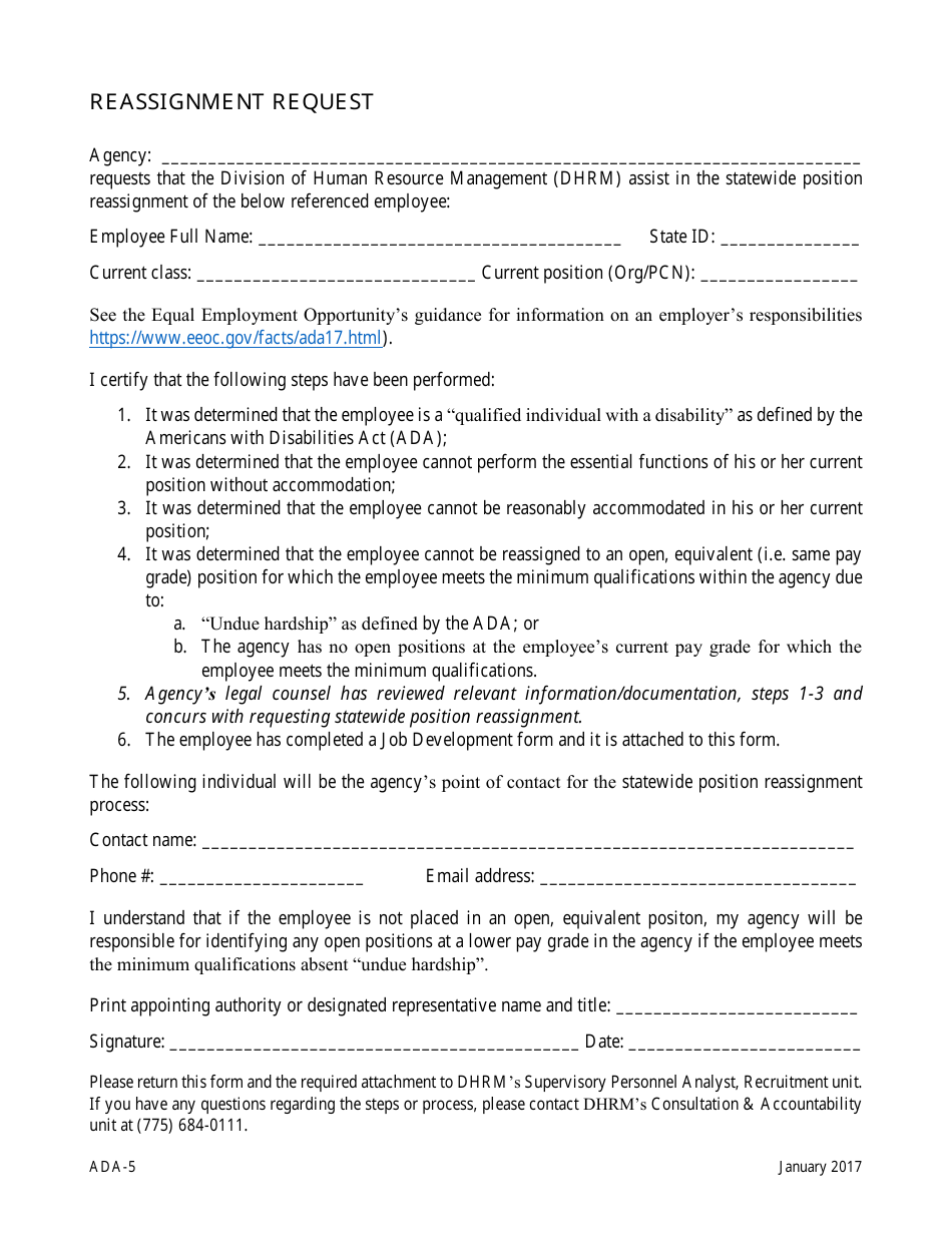 Form ADA-5 Reassignment Request - Nevada, Page 1