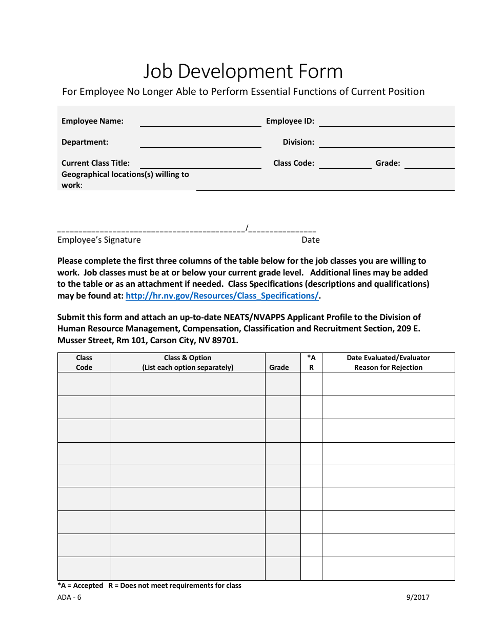 Form ADA-6 Job Development Form for Employee No Longer Able to Perform Essential Functions of Current Position - Nevada, Page 1