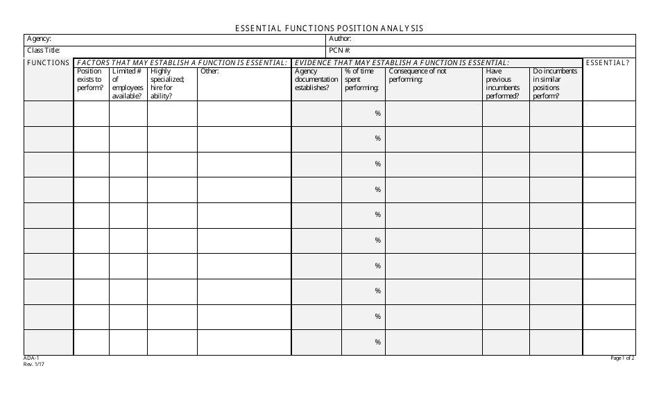 Form ADA-1 Essential Functions Position Analysis - Nevada, Page 1