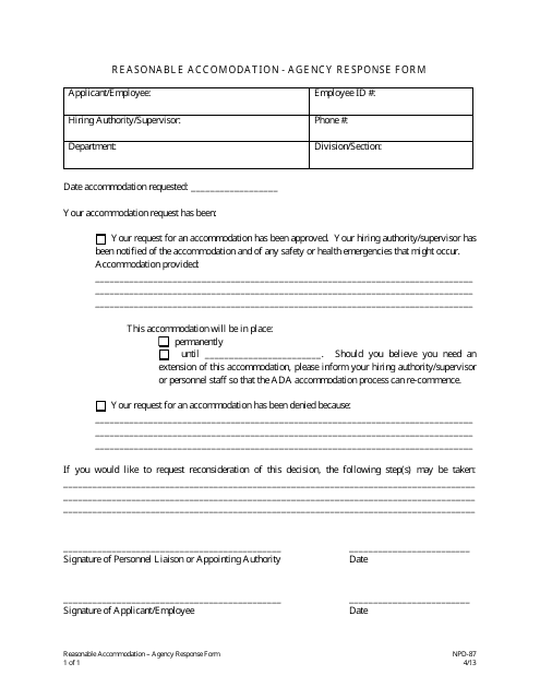 Form NPD-87 Reasonable Accomodation - Agency Response Form - Nevada