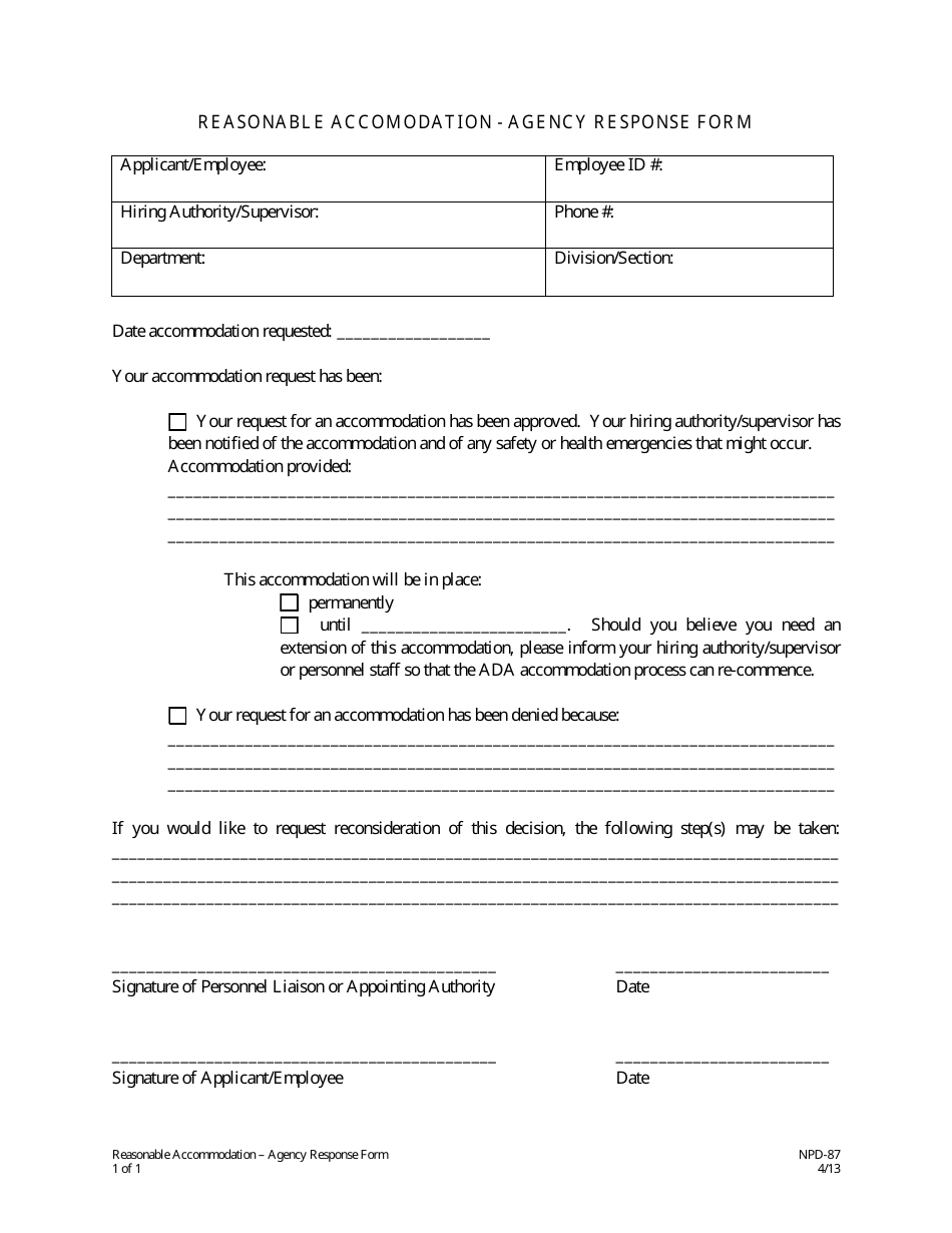 Form NPD-87 Reasonable Accomodation - Agency Response Form - Nevada, Page 1