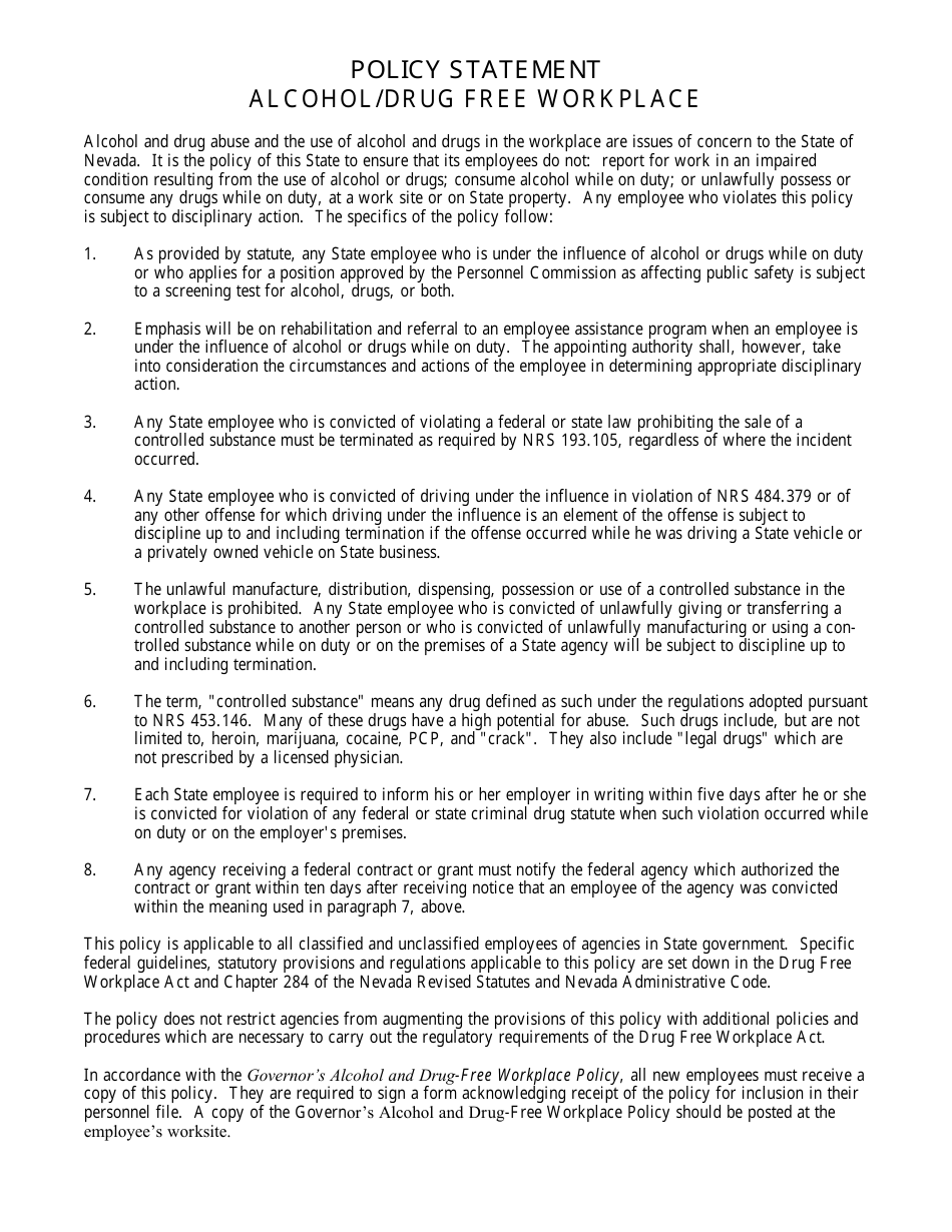 Form TS-58 Policy Statement - Alcohol / Drug Free Workplace and Acknowledgment - Nevada, Page 1