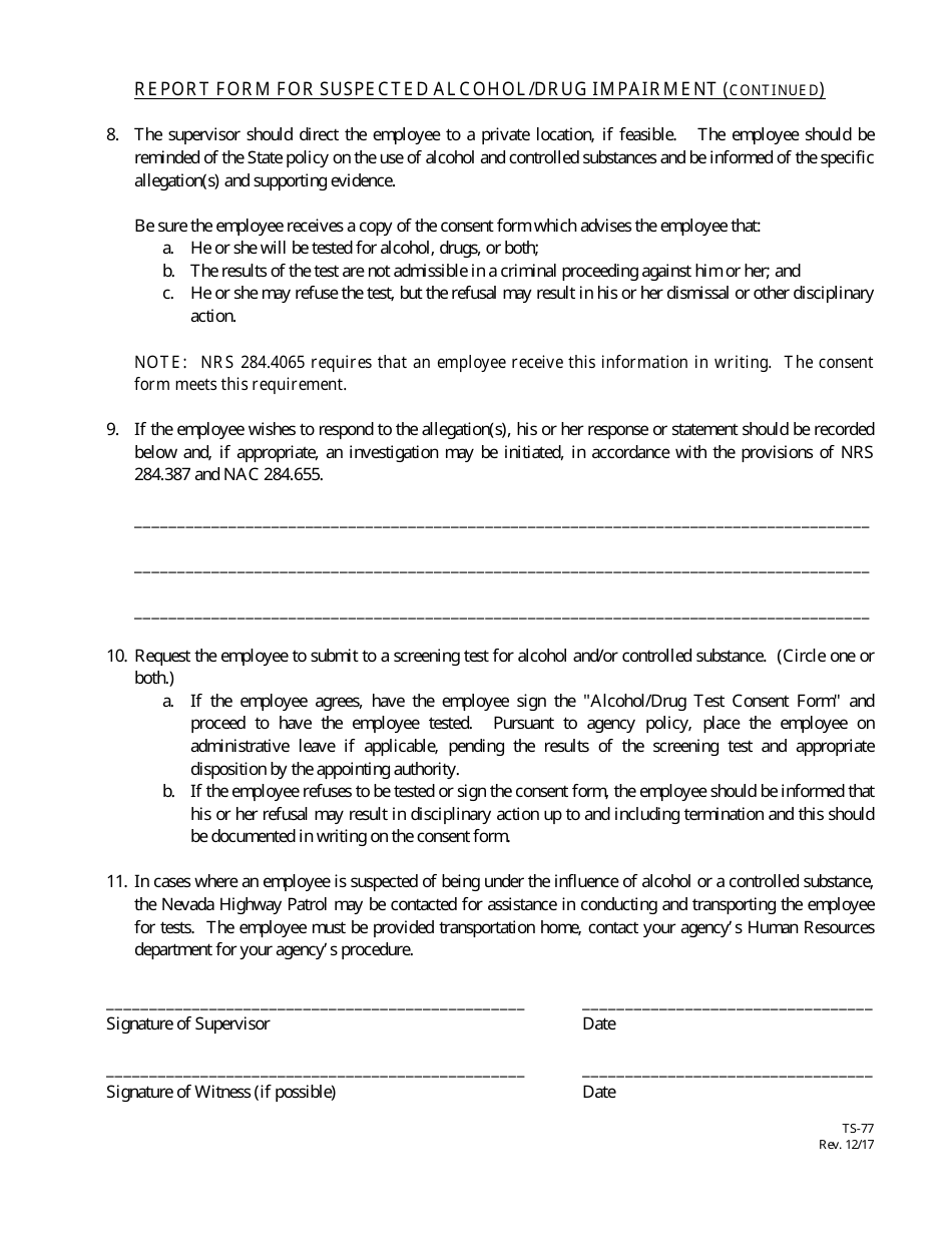 Form TS-77 Report Form for Suspected Alcohol / Drug Impairment - Nevada, Page 2