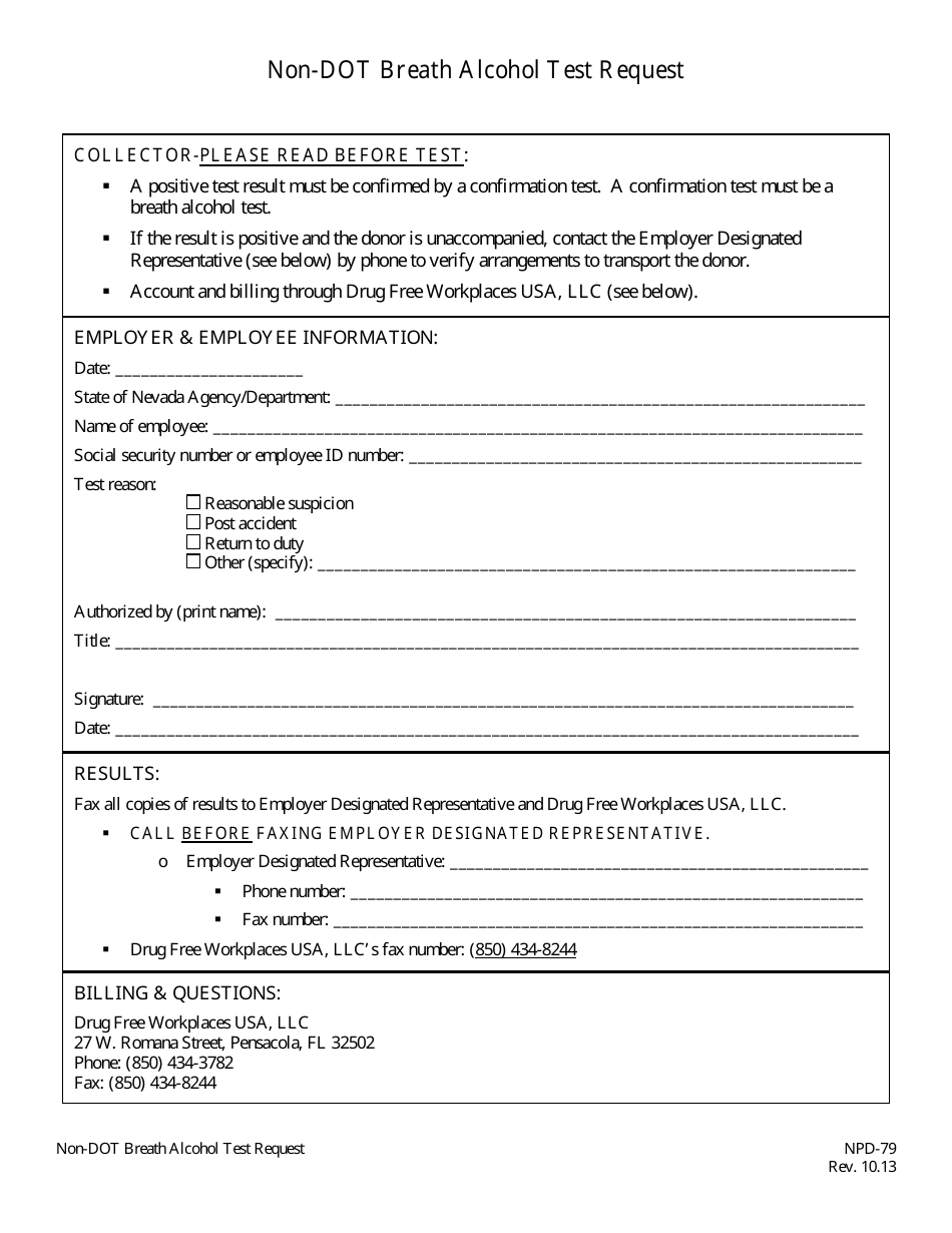 Form NPD-79 Non-dot Breath Alcohol Test Request - Nevada, Page 1